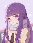  1girl absurdres blunt_bangs blurry blurry_background brown_coat closed_mouth coat fern_(sousou_no_frieren) fur_trim hair_ornament highres hongga_(joyw) long_hair looking_at_viewer outdoors pout purple_hair purple_pupils purple_scarf scarf snowing solo sousou_no_frieren upper_body violet_eyes 