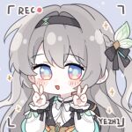  1girl :d artist_name black_hairband black_jacket blue_background blue_eyes blush bow chibi chinese_commentary collared_shirt commentary_request double_v firefly_(honkai:_star_rail) frilled_shirt frills grey_hair hair_bow hair_intakes hair_ornament hairband hands_up honkai:_star_rail honkai_(series) jacket long_hair long_sleeves looking_at_viewer no_nose one_side_up open_mouth portrait recording shirt simple_background sleeve_bow smile solo sparkle v viewfinder white_shirt yeyeyezhi 