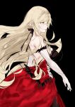  1girl black_background black_bow blonde_hair bow breasts closed_mouth dress elbow_gloves facing_to_the_side gloves hair_between_eyes highres kiss-shot_acerola-orion_heart-under-blade kizumonogatari knees_out_of_frame large_breasts long_hair looking_ahead moku_(muooku) monogatari_(series) nape no_bra oshino_shinobu pale_skin pointy_ears red_dress simple_background very_long_hair walking white_gloves yellow_eyes 