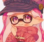  1girl closed_mouth commentary_request commission highres inkling_girl inkling_player_character jacket long_hair looking_at_viewer ochocho2828 pink_hair pointy_ears red_jacket simple_background smile solo splatoon_(series) tentacle_hair upper_body violet_eyes white_background 