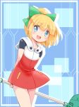  1girl :d ajitarou_(setsu) blonde_hair blue_eyes blush commentary_request cowboy_shot dress green_ribbon hair_ribbon highres holding holding_mop long_hair looking_at_viewer mega_man_(classic) mega_man_(series) mega_man_11 mop open_mouth ponytail red_dress ribbon ringed_eyes roll_(mega_man) short_sleeves sidelocks simple_background smile solo teeth upper_teeth_only zipper_pull_tab 