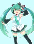 1girl ;d ahoge ajitarou_(setsu) bare_shoulders black_skirt black_sleeves black_thighhighs blush commentary_request detached_sleeves green_eyes green_hair green_necktie hair_ornament hatsune_miku headphones headset highres holding holding_microphone light_blue_background long_hair looking_at_viewer microphone necktie one_eye_closed open_mouth pleated_skirt shirt simple_background skirt sleeveless sleeveless_shirt smile solo teeth thigh-highs twintails upper_teeth_only very_long_hair vocaloid white_shirt zettai_ryouiki 