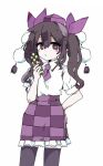  1girl 76gpo arm_behind_back black_thighhighs brown_eyes brown_hair checkered_clothes checkered_skirt collared_shirt commentary hair_ribbon hat highres himekaidou_hatate holding holding_phone looking_at_viewer medium_hair necktie phone pom_pom_(clothes) purple_headwear purple_necktie purple_ribbon purple_skirt ribbon shirt simple_background skirt solo thigh-highs tokin_hat touhou twintails white_background white_shirt 