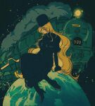  black_capelet blonde_hair boots capelet earth_(planet) english_commentary ginga_tetsudou_999 hat high_heel_boots high_heels long_coat long_hair looking_ahead maetel pikurusu planet profile sitting smoke space train 