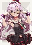 .live 1girl absurdres adjusting_eyewear armpits bespectacled blush breasts carro_pino clenched_teeth commentary_request glasses hair_between_eyes hair_ornament headband highres long_hair looking_at_viewer purple_hair ralf small_breasts solo teeth violet_eyes virtual_youtuber 