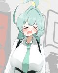  &gt;_&lt; 1girl ahoge blue_archive blush breasts chest_harness collarbone distortion green_hair halo harness kuuwassy large_breasts long_hair meme open_mouth shirt solo ugoitenai_no_ni_atsui_yo_(meme) upper_body white_shirt yume_(blue_archive) 