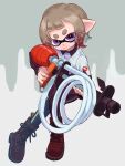  1boy boots brown_footwear brown_hair closed_mouth commentary_request cross-laced_footwear full_body goo_tuber_(splatoon) gradient_hair grey_background gun highres holding holding_gun holding_weapon inkling_boy inkling_player_character multicolored_hair nastar_r0 pointy_ears redhead short_hair solo splatoon_(series) splatoon_3 tentacle_hair thick_eyebrows two-tone_background two-tone_hair violet_eyes weapon white_background 