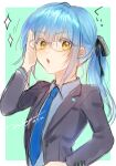  1other blue_hair glasses hair_between_eyes highres humanization long_hair necktie nukogami_(minniecatlove21) ponytail rimuru_tempest simple_background suit tensei_shitara_slime_datta_ken yellow_eyes 