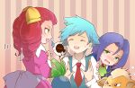  1girl 2boys aged_down blush child closed_eyes green_eyes growlithe hair_ribbon james_(pokemon) jessebelle_(pokemon) multiple_boys oddish pokemon pokemon_(anime) pokemon_(creature) ribbon scared steven_stone tears worried yoshinamiuijin 