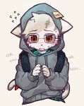  1boy animal_ears animal_hands backpack bag blush body_fur brown_eyes cat_boy cat_ears cat_tail ears_through_headwear english_text flustered flying_sweatdrops furry furry_male glasses grey_hoodie hood hood_up hoodie looking_down male_focus original popokachip shy simple_background solo tail white_background white_fur 