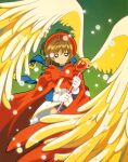  1girl absurdres bow brown_hair cape cardcaptor_sakura child gloves green_background green_eyes happy highres holding holding_wand kinomoto_sakura magical_girl official_art red_bow red_cape red_headwear short_hair simple_background smile solo standing teeth wand white_gloves wings 