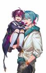  2boys :d aged_down ahoge antenna_hair bandaid bandaid_on_knee bandaid_on_leg black_hair blue_eyes blue_hair bracelet brown_footwear candy carrying child collared_shirt commentary_request cowboy_shot crossed_bangs doppio_dropscythe food food_in_mouth grey_pants hair_between_eyes hand_in_pocket highres hood hood_down hoodie jacket jewelry kneehighs kyo_kaneko lollipop long_sleeves looking_at_viewer looking_to_the_side male_focus mouth_hold multicolored_eyes multicolored_hair multiple_boys nijisanji nijisanji_en open_mouth pants pink_hair plaid plaid_pants ponytail purple_hair shirt shoes short_hair short_ponytail short_sidetail sidelocks simple_background sleeves_rolled_up smile socks standing streaked_hair swirl_lollipop teeth tongue torotoro3939 virtual_youtuber white_background white_hair white_jacket white_shirt white_socks wing_collar yellow_eyes 