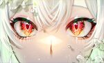  1girl absurdres clip_studio_paint_(medium) close-up eye_focus eyelashes eyeshadow food fruit fuli_(narumiyafuri) highres looking_at_viewer makeup original portrait red_eyes solo straight-on strawberry strawberry_slice water white_hair 