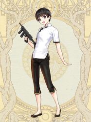  1girl :d black_footwear black_hair black_pants dairoku_ryouhei full_body gun holding holding_gun holding_weapon kishiba_yuusuke looking_at_viewer margarita_thompson pants red_eyes shirt short_hair smile standing weapon white_shirt yellow_background 