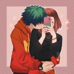  1boy 1girl artist_name black_shirt boku_no_hero_academia brown_eyes brown_hair cellphone couple green_eyes green_hair hetero holding holding_phone hood hood_down hoodie hug hug_from_behind kiss kissing_cheek midoriya_izuku phone pink_background red_hoodie red_skirt reishichi shirt skirt sparkle uraraka_ochako watch watch 