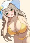 1girl bikini blonde_hair blue_archive blush breasts collarbone flower_hat green_hair highres kumomokka large_breasts navel nonomi_(blue_archive) nonomi_(swimsuit)_(blue_archive) open_mouth simple_background smile solo swimsuit white_headwear yellow_bikini