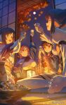 4girls animal_ears aquaplus arm_up atuy autumn_leaves bare_shoulders barefoot blush breasts choko_(cup) closed_mouth copyright_name cup full_moon grin highres holding holding_cup jdge kuon_(utawarerumono) light_smile long_sleeves moon multiple_girls night night_sky nosuri obi open_mouth own_hands_together rulutieh sash short_hair shouji sitting sky sliding_doors smile tatami toasting_(gesture) tokkuri underbust utawarerumono utawarerumono:_lost_flag 