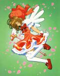  1girl absurdres bow brown_hair cardcaptor_sakura closed_eyes dress dress_bow gloves green_background highres kinomoto_sakura official_art red_dress red_footwear solo tagme thigh-highs white_gloves white_thighhighs wings 
