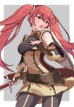  1girl :o absurdres armor blush brown_gloves brown_pants cowboy_shot detached_sleeves fingerless_gloves fire_emblem fire_emblem_awakening gloves hair_between_eyes highres holding holding_sword holding_weapon long_hair looking_at_viewer open_mouth pants pauldrons red_eyes redhead severa_(fire_emblem) shoulder_armor single_pauldron solo sword twintails very_long_hair weapon yuka7eile 