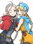  2girls :d ahoge belt braid capelet colorfag fire_emblem fire_emblem:_genealogy_of_the_holy_war fire_emblem_fates holding_hands hood hood_down hooded_capelet looking_at_viewer low_twin_braids lowres multiple_girls nina_(fire_emblem) one_eye_closed parted_bangs patty_(fire_emblem) red_capelet single_braid smile twin_braids usachu_now 