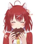 1girl :i ^_^ ahoge amairo_islenauts animal_ears blush chocolate_doughnut closed_eyes closed_mouth commentary doughnut eating facing_viewer food hair_between_eyes hair_ornament happy highres holding holding_doughnut holding_food mahigu_re masaki_gaillard redhead school_uniform short_hair simple_background solo sound_effects straight-on wavy_mouth white_background wolf_ears wolf_girl x_hair_ornament 