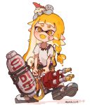  1girl bandaid bandaid_on_face blonde_hair braided_sidelock commentary eyebrow_cut fangs full_body gun highres holding holding_gun holding_weapon hydra_splatling_(splatoon) inkling_girl inkling_player_character long_hair open_mouth pointy_ears simple_background skin_fangs smallfry_(splatoon) smile solo splatoon_(series) splatoon_3 standing standing_on_one_leg tentacle_hair weapon white_background yellow_eyes yellow_pupils yksb_inc6 