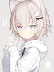 ... 1girl :o animal_ear_fluff animal_ears baozi blue_eyes blush brown_hair capriccio cat_ears cat_girl cat_hair_ornament commentary_request drawstring food grey_background hair_between_eyes hair_ornament hairclip hands_up holding holding_food hood hood_down hoodie long_sleeves looking_at_viewer original parted_lips puffy_long_sleeves puffy_sleeves simple_background sleeves_past_wrists solo spoken_ellipsis steam translation_request upper_body white_hoodie x_hair_ornament