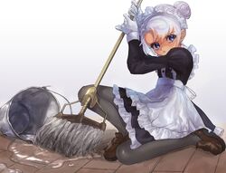  1girl apron black_pantyhose brown_footwear bucket gloves highres holding holding_mop looking_at_viewer maid maid_apron mop mutsuba_asaka on_floor pantyhose violet_eyes water white_gloves white_hair yu-gi-oh! yu-gi-oh!_go_rush!! yuzutaroman 