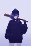  1girl absurdres baseball_bat baseball_cap black_choker blue_eyes blue_hair blue_headwear blue_hoodie choker hair_between_eyes hand_in_pocket hat highres holding holding_baseball_bat holding_weapon hololive hood hoodie hoshimachi_suisei long_hair long_sleeves looking_at_viewer mitt280204 no_pants over_shoulder ponytail shirt sidelocks simple_background solo spiked_bat virtual_youtuber weapon weapon_over_shoulder white_shirt 