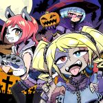  3girls ;d animal_ears animal_hands bat_(animal) blonde_hair blue_eyes blue_hair bob_cut bright_pupils cape chain collarbone facepaint fake_animal_ears fangs full_moon fur-trimmed_vest fur_trim glasses gloves graveyard hair_ornament halloween halloween_costume hands_up hat heterochromia high_collar hinoko_(sunafuki_tabito) jack-o&#039;-lantern laika_(sunafuki_tabito) long_hair looking_at_viewer moon multiple_girls one_eye_closed orange_eyes original patchwork_skin puffy_short_sleeves puffy_sleeves pumpkin purple_gloves red_eyes redhead reina_(sunafuki_tabito) short_sleeves shorts sleeveless sleeveless_jacket smile stitched_face stitches sunafuki_tabito thick_eyebrows tinted_eyewear tombstone tongue tongue_out torn_clothes twintails vest werewolf witch witch_hat zombie 