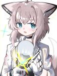  1girl :d absurdres ahoge animal_ear_fluff animal_ears arknights black_choker blue_dress blue_eyes blush brown_hair choker dress fox_ears fox_girl fox_tail gloves hair_between_eyes hair_intakes hands_up highres holding jacket looking_at_viewer open_clothes open_jacket simple_background smile solo spam_(spamham4506) sussurro_(arknights) sweat tail upper_body white_background white_gloves white_jacket 