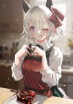  1girl :p alternate_costume animal_ears apron blurry blurry_background breasts cake character_name closed_mouth commentary_request curren_chan_(umamusume) food grey_hair hair_between_eyes hair_ornament heart heart_hands highres horse_ears horse_girl horse_tail kitchen looking_at_viewer medium_breasts medium_hair one_eye_closed otono_(bkt4b) plate ribbon solo table tail tongue tongue_out umamusume valentine violet_eyes window 