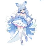  1girl antenna_hair aqua_hair bare_shoulders blue_bow blue_eyes blue_hair blue_ribbon blue_tail bow bright_pupils chillet chinese_commentary diamond_(shape) dress flower front_bow full_body hair_between_eyes hairband highres light_blue_hair long_hair long_sleeves multicolored_hair off-shoulder_dress off_shoulder palworld personification rainbowlife ribbon shoes shoulder_tattoo simple_background sleeves_past_fingers sleeves_past_wrists solo tail tattoo thigh-highs two-tone_hair very_long_hair white_background white_dress white_footwear white_hairband white_pupils white_thighhighs zettai_ryouiki 
