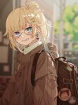  1girl absurdres aizawa_ema backpack bag blonde_hair blue_eyes blunt_bangs blurry brown_jacket cat_earrings clenched_teeth depth_of_field glasses gradient_hair hair_bun highres jacket looking_at_viewer multicolored_hair payang single_side_bun smile solo teeth upper_body virtual_youtuber vspo! 