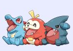  animal_focus black_eyes blue_skin claws colored_skin commentary_request crocodilian fuecoco gible no_humans open_mouth pokemon pokemon_(creature) red_eyes red_skin sharp_teeth simple_background sitting teeth tongue totodile trait_connection white_background ynmr_ll 