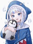  1girl :d animal animal_hug bird blue_eyes blue_hair blue_hoodie commentary drawstring gawr_gura gawr_gura_(1st_costume) grey_background grey_hair head_tilt highres hololive hololive_english hood hood_up hoodie long_sleeves looking_at_viewer multicolored_hair okojixyo penguin sharp_teeth simple_background smile solo streaked_hair teeth upper_body virtual_youtuber water_drop wide_sleeves 