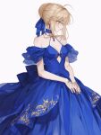  1girl ahoge artoria_pendragon_(fate) bare_shoulders blonde_hair blue_choker blue_dress blush braid braided_bun choker dress earrings expressionless fate_(series) green_eyes hair_between_eyes hair_bun hair_ribbon highres jewelry long_hair looking_at_viewer necklace pendant ribbon saber_(fate) short_hair sidelocks simple_background single_hair_bun solo strapless strapless_dress tarte_(hodarake) white_background 