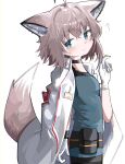  1girl absurdres ahoge animal_ear_fluff animal_ears arknights blue_dress breasts brown_hair closed_mouth dress flying_sweatdrops fox_ears fox_girl fox_tail from_side gloves hand_up highres jacket jacket_on_shoulders looking_at_viewer looking_to_the_side simple_background small_breasts solo spam_(spamham4506) sussurro_(arknights) tail wavy_mouth white_background white_gloves white_jacket 