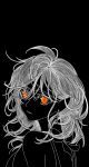  1girl absurdres bow breasts character_request copyright_request earrings hair_between_eyes highres jewelry looking_at_viewer looking_back medium_breasts medium_hair monochrome orange_eyes painted_delusion parted_lips solo spot_color 