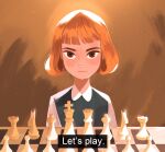  1girl blunt_bangs brown_background brown_eyes chess_piece chessboard child closed_mouth elizabeth_harmon english_commentary highres leepix_x looking_at_viewer short_hair simple_background solo the_queen&#039;s_gambit 