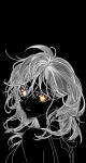  1girl absurdres bad_link bow breasts earrings flower-shaped_pupils genshin_impact hair_between_eyes highres hu_tao_(genshin_impact) jewelry looking_at_viewer looking_back medium_breasts medium_hair monochrome orange_eyes painted_delusion parted_lips solo spot_color symbol-shaped_pupils 