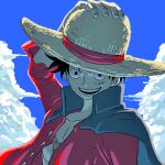  black_cape buttons cape close-up clouds collared_cape commentary_request hand_on_headwear hat highres looking_at_viewer monkey_d._luffy one_piece open_clothes open_shirt red_shirt scar scar_on_chest scar_on_face shirt short_hair sky smile straw_hat tacchan56110 