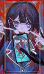  1girl 8dai abstract_background alternate_hair_color asterisk_(symbol) black_hair blazer blue_eyes blue_hair blue_jacket cellphone colored_inner_hair fingers_to_cheeks grabber_tool hands_up head_tilt highres hito_mania_(utau) jacket long_hair long_sleeves looking_at_viewer middle_finger multicolored_background multicolored_hair nijisanji phone question_mark_in_eye red_background redhead school_uniform smartphone smile solo tsukino_mito tsukino_mito_(1st_costume) upper_body virtual_youtuber white_nails 