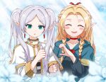 2girls ^_^ armcho blonde_hair blurry blush_stickers braid capelet closed_eyes clouds crossover depth_of_field dungeon_meshi earrings elf flower frieren green_eyes heart_hands_failure jewelry marcille_donato multiple_girls open_mouth pointy_ears sky smile sousou_no_frieren thumbs_up twin_braids twintails upper_body white_hair 