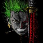  1boy black_background clenched_teeth commentary earrings flyar9 green_hair highres jewelry katana looking_at_viewer male_focus mouth_hold one_eye_closed one_piece roronoa_zoro short_hair signature single_earring smile solo sword teeth toothpick weapon yellow_eyes 