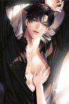  1boy arms_up black_hair black_shirt disembodied_limb green_eyes ishida_kaname lips long_sleeves looking_at_viewer love_and_deepspace male_focus muscular muscular_male parted_lips pectorals shirt short_hair solo_focus zayne_(love_and_deepspace) 