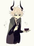  1boy black_suit cake cake_slice cape demon_horns food funamusea haiiro_teien horns kcalb_(haiiro_teien) sakiroll solo suit white_hair 