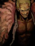  1boy abs blonde_hair clenched_teeth coat collarbone commentary_request dark_background donquixote_doflamingo earrings evil_smile feather_coat jewelry male_focus matsubaki one_piece open_clothes red-tinted_eyewear short_hair simple_background smile solo sunglasses teeth tinted_eyewear white-framed_eyewear 