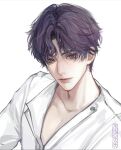  1boy bishounen collarbone denyin001 facing_viewer highres light_smile long_sleeves looking_at_viewer love_and_deepspace male_focus pink_eyes purple_hair rafayel_(love_and_deepspace) shirt short_hair simple_background solo two-tone_eyes violet_eyes watermark white_background white_shirt 