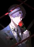  1boy absurdres bishounen black_background closed_mouth flower formal highres holding holding_flower light_smile long_sleeves looking_at_viewer love_and_deepspace male_focus miraclesuri necktie pink_eyes purple_hair rafayel_(love_and_deepspace) red_flower red_rose rose shadow shirt short_hair simple_background solo suit two-tone_eyes violet_eyes white_shirt 